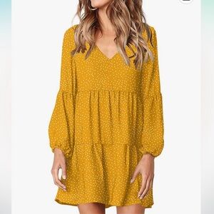 Tunic V‎ Neck Casual Loose Dress Mustard Yellow Polka Dot Size M (D62)
